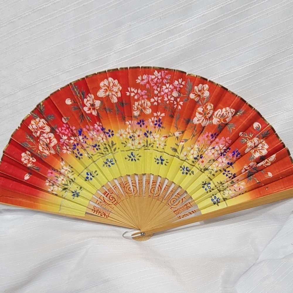 Vintage Floral Folding Hand Fan Red Yellow Gradient Bamboo Ribs Style 15 Inch